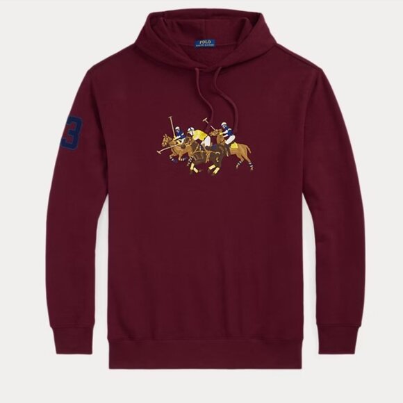 POLO RALPH LAUREN Mens Burgundy Triple Pony Graphic Fleece Pullover Hoodie SzXXL - Picture 1 of 15